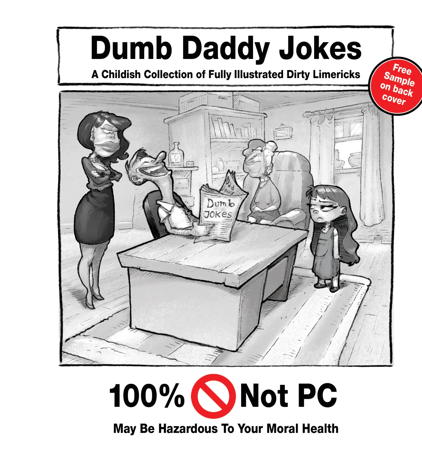 Front cover of Dumb Daddy Jokes — a father reading the book to his disapproving family.