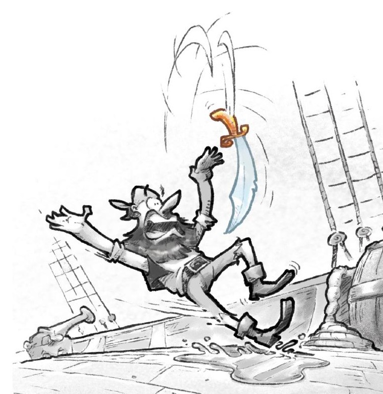 Cartoon of the pirate Bates slipping on his cutlass
