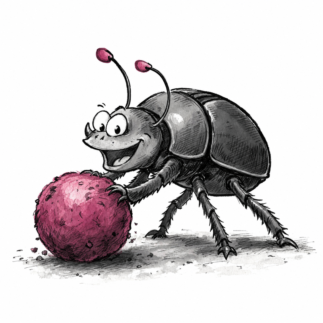Cartoon dung beetle pushing a magenta ball