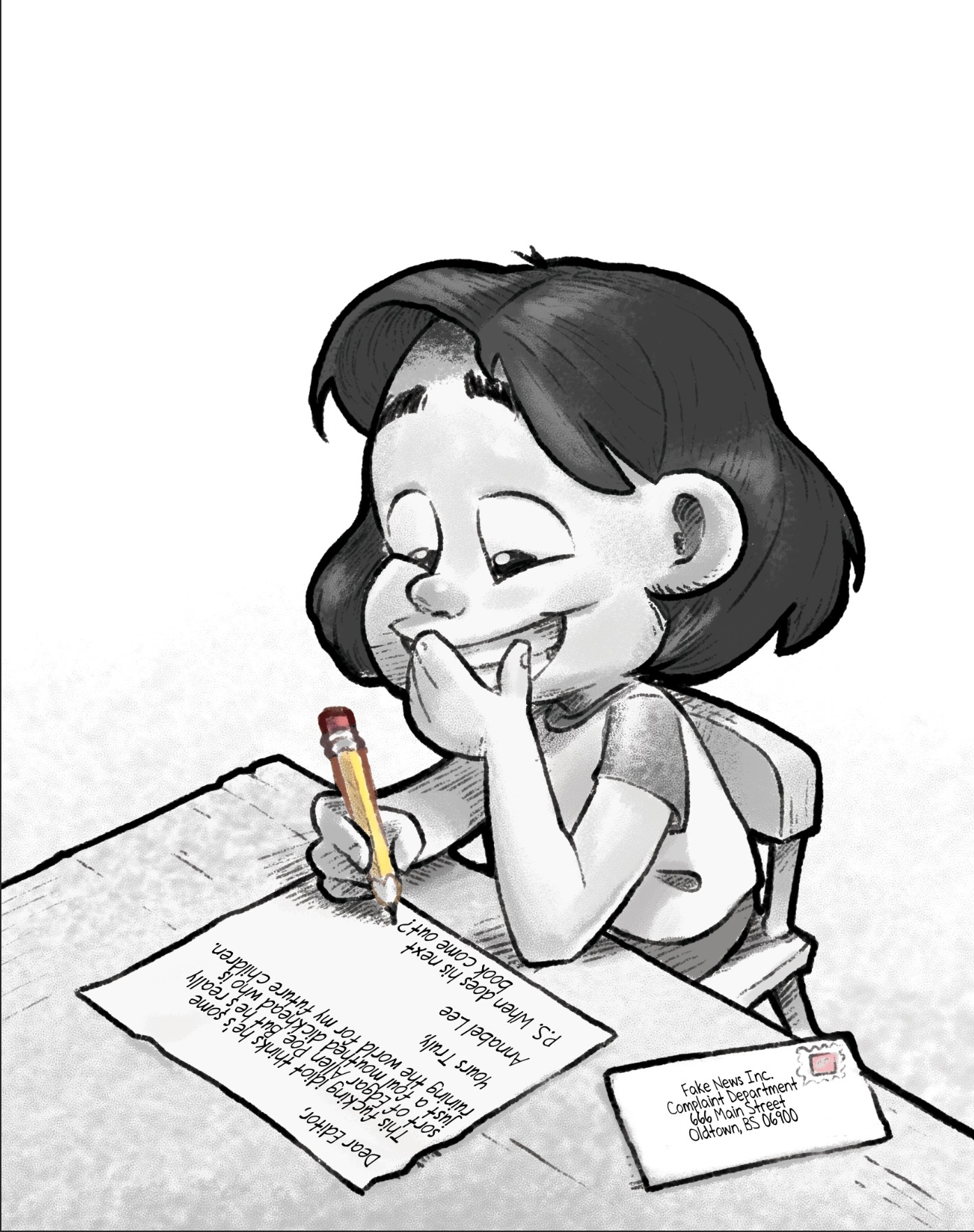 A little girl smiling as she writes a letter to the editor with a yellow pencil, an envelope addressed to Fake News Inc., Complaint Department, beside her