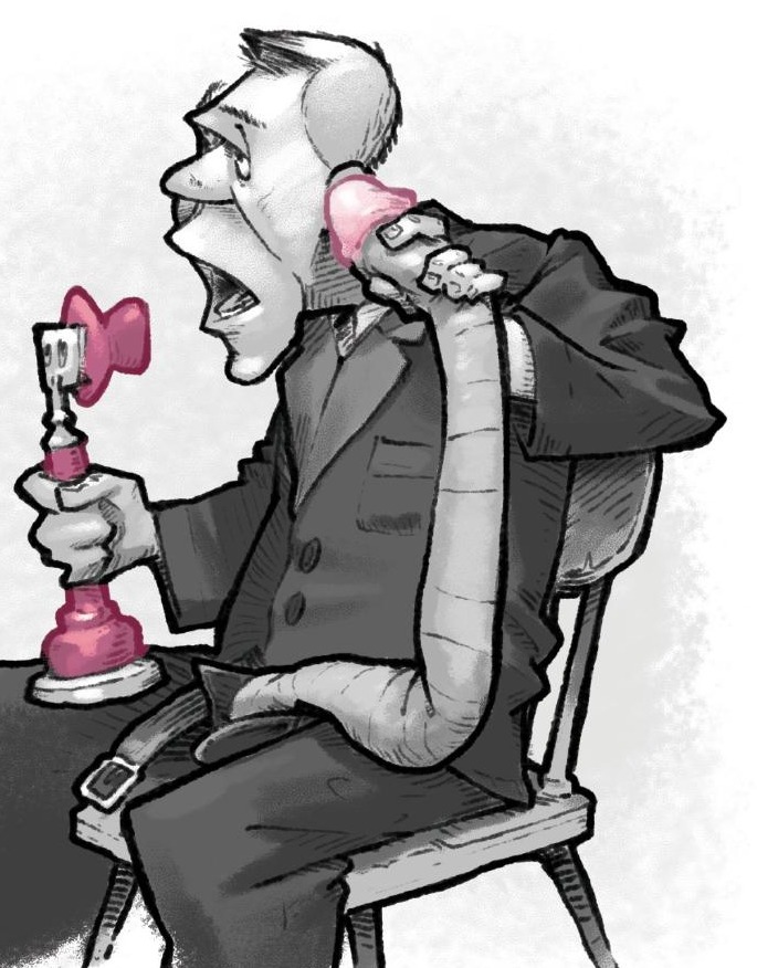 Cartoon of a man on an old-style telephone