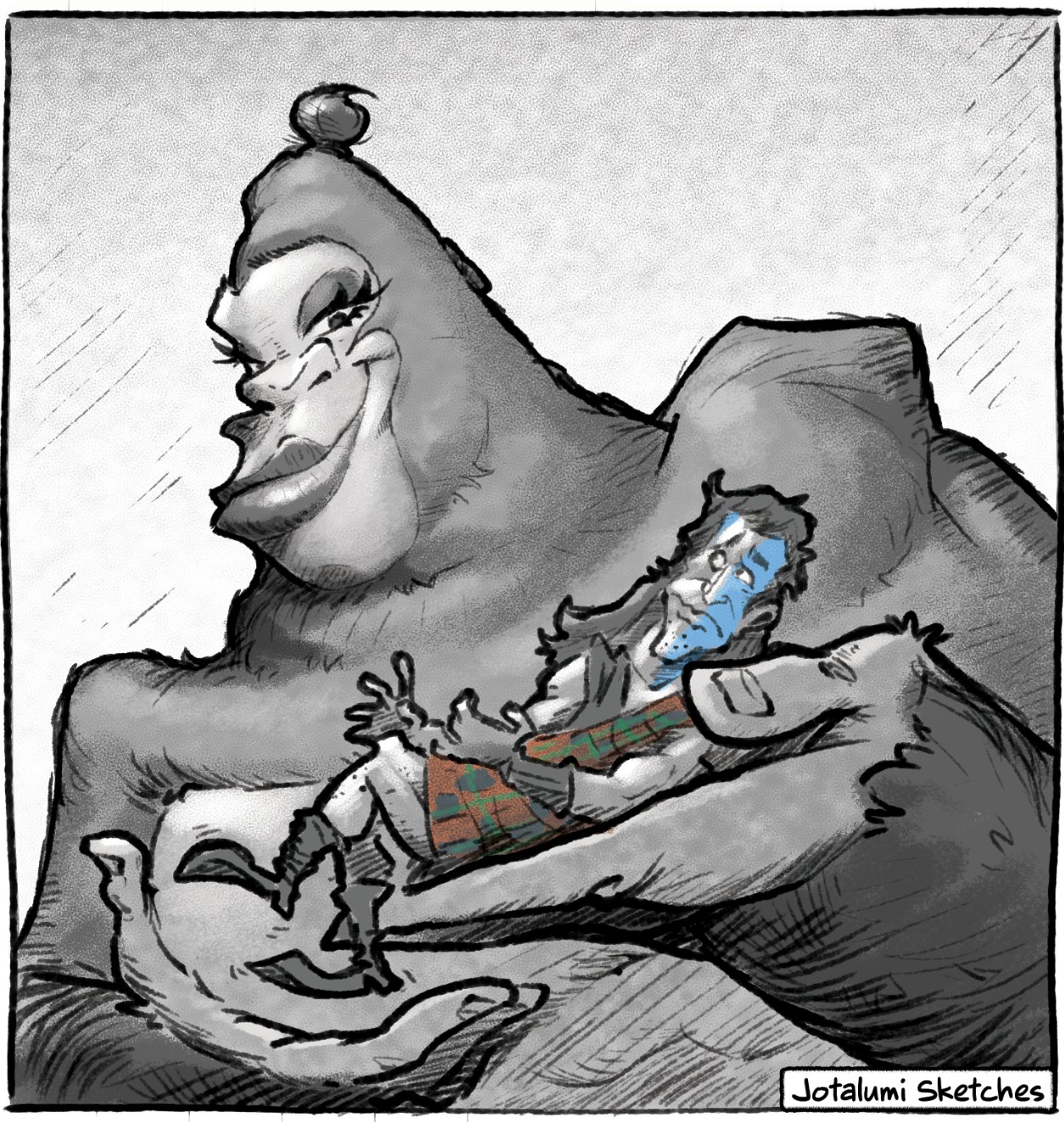 Part One illustration: a gorilla cradling a tiny man