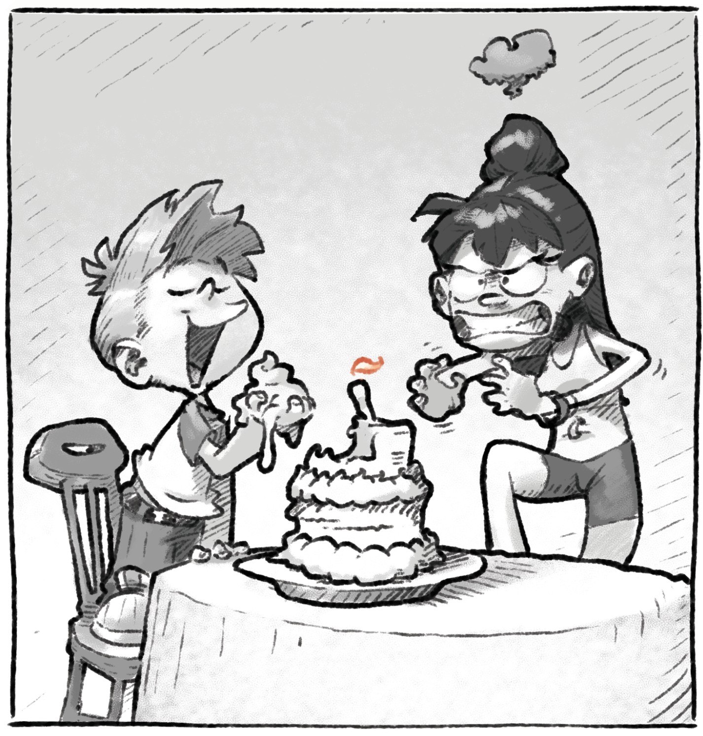 Part Four illustration: a smug boy and a furious girl at a birthday cake