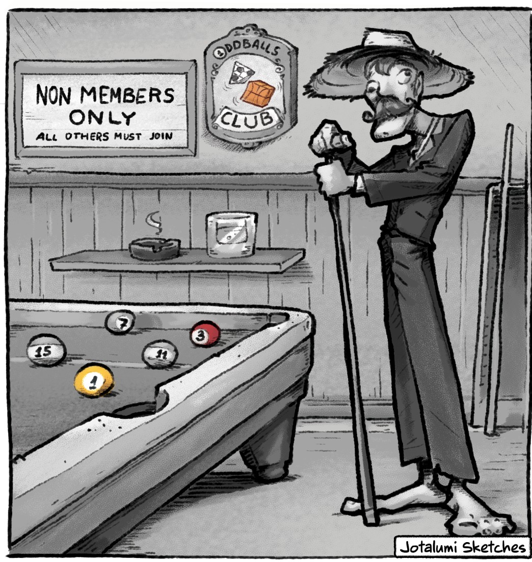 Part Three illustration: a slouching man at the Oddballs Club pool hall