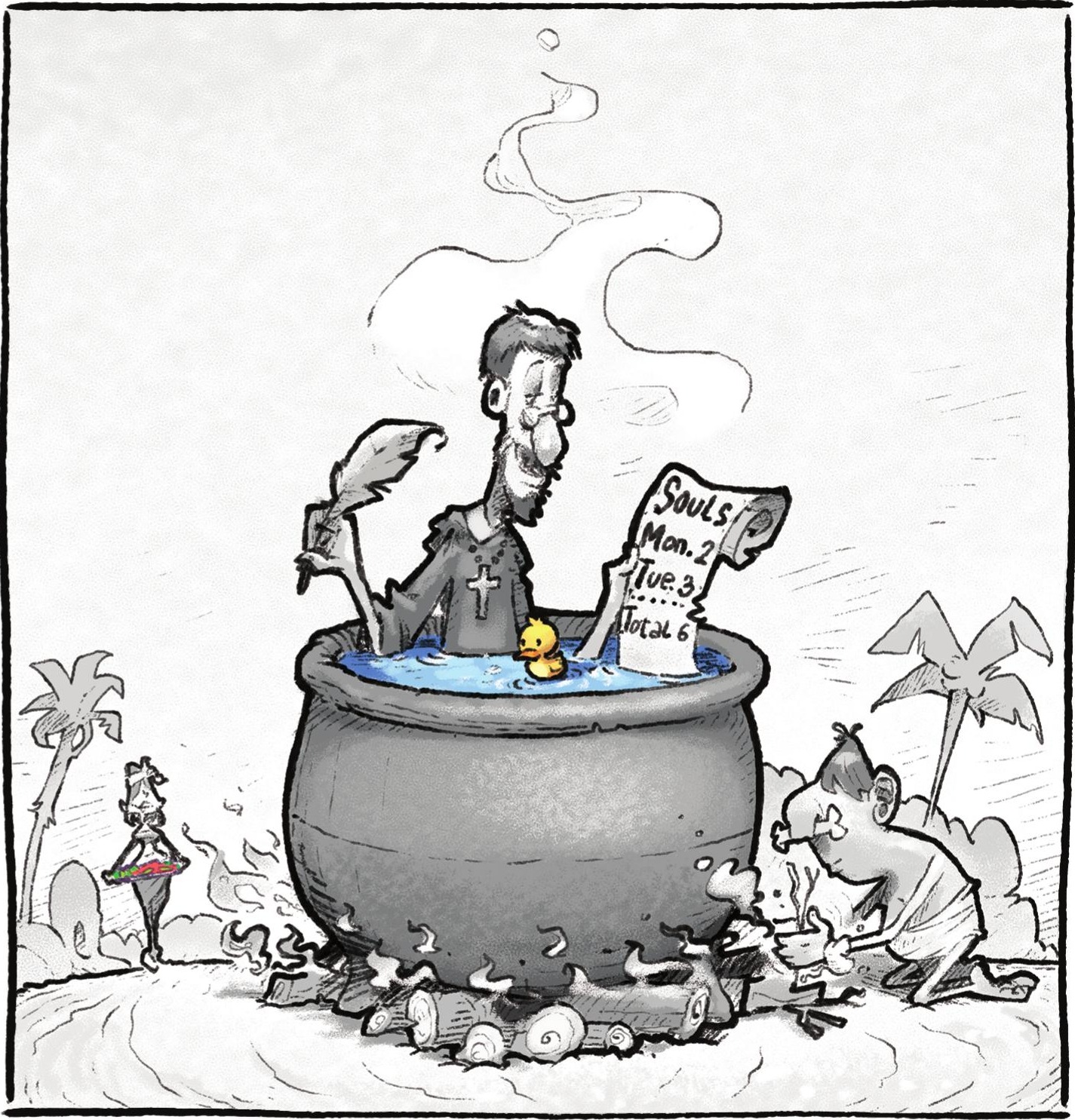 Part Five illustration: a missionary in a cauldron with a Souls-tallying scroll