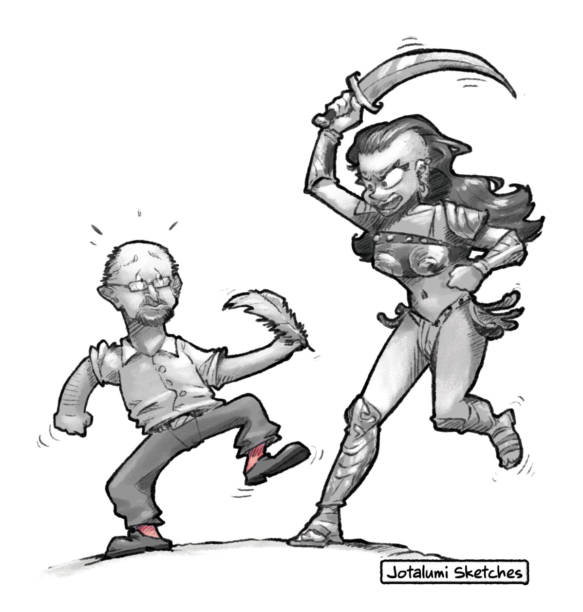 Part Six illustration: a warrior with a scimitar bearing down on a scaredy-cat writer