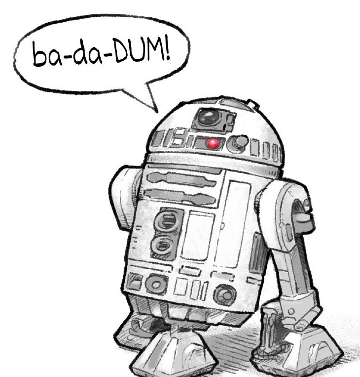 Cartoon robot saying ba-da-DUM!