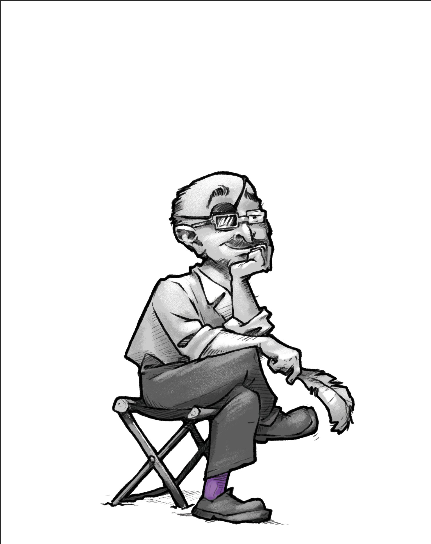 The author seated on a director&rsquo;s chair, quill in hand, with one purple sock showing