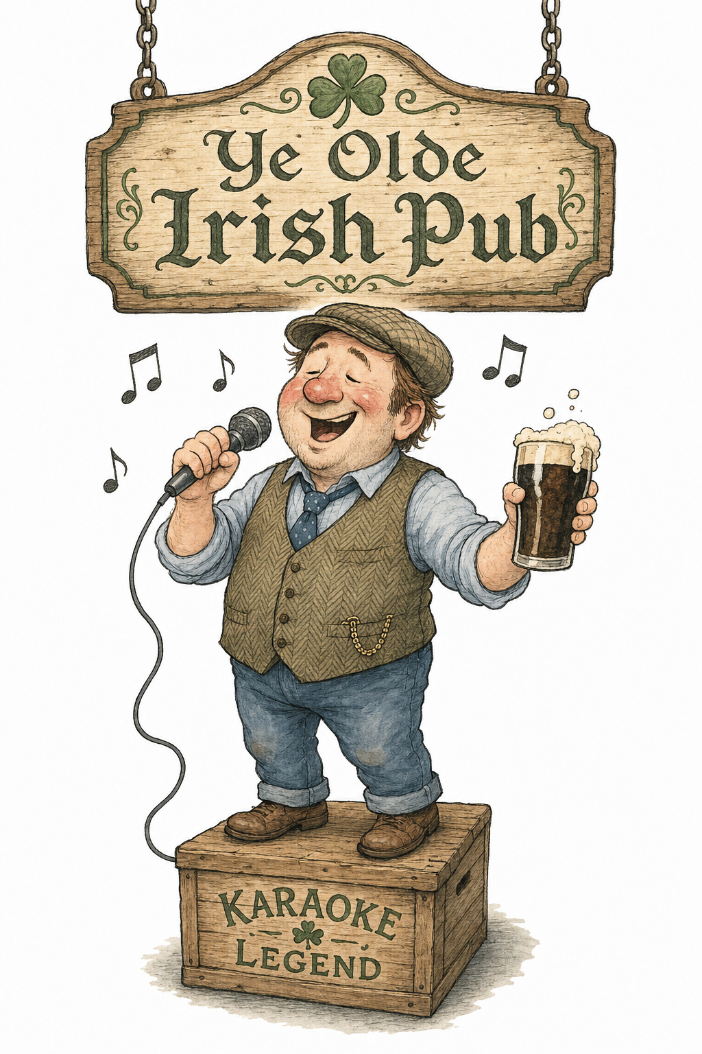 Cartoon of a happy man singing karaoke beneath a Ye Olde Irish Pub sign